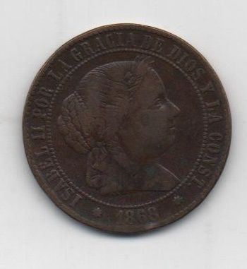 ESPAÑA ISABEL II DEL AÑO 1868 DE 2 1/2 CENTIMOS DE ESCUDO